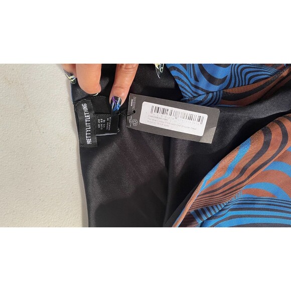 PrettyLittleThing Abstract Swirl Mesh One Shoulder Mini Dress NWT Sz 16 - Picture 11 of 15